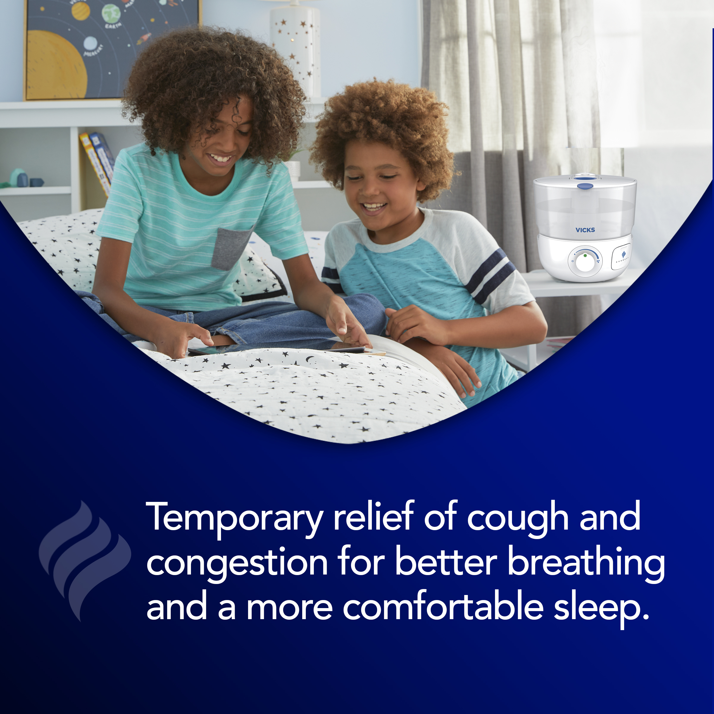 Two kids watching something on a tab sitting on the bed next to vicks cool mist humidifier on a night stand with text temporary releif of cough and congestion for better breathing and more comfortable sleep